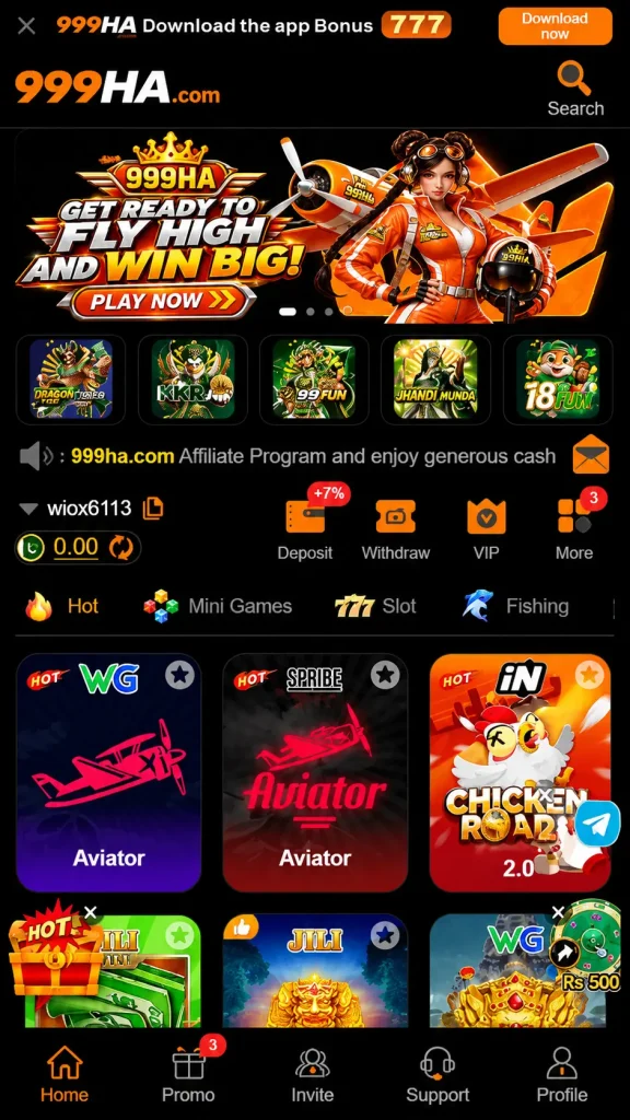 999HA Game mobile homepage with games, promotions, deposit and withdrawal options