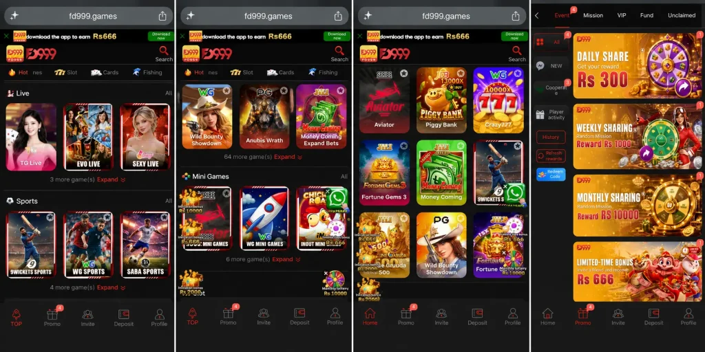 Step-by-step screenshot showing FD999 APK download and installation process.