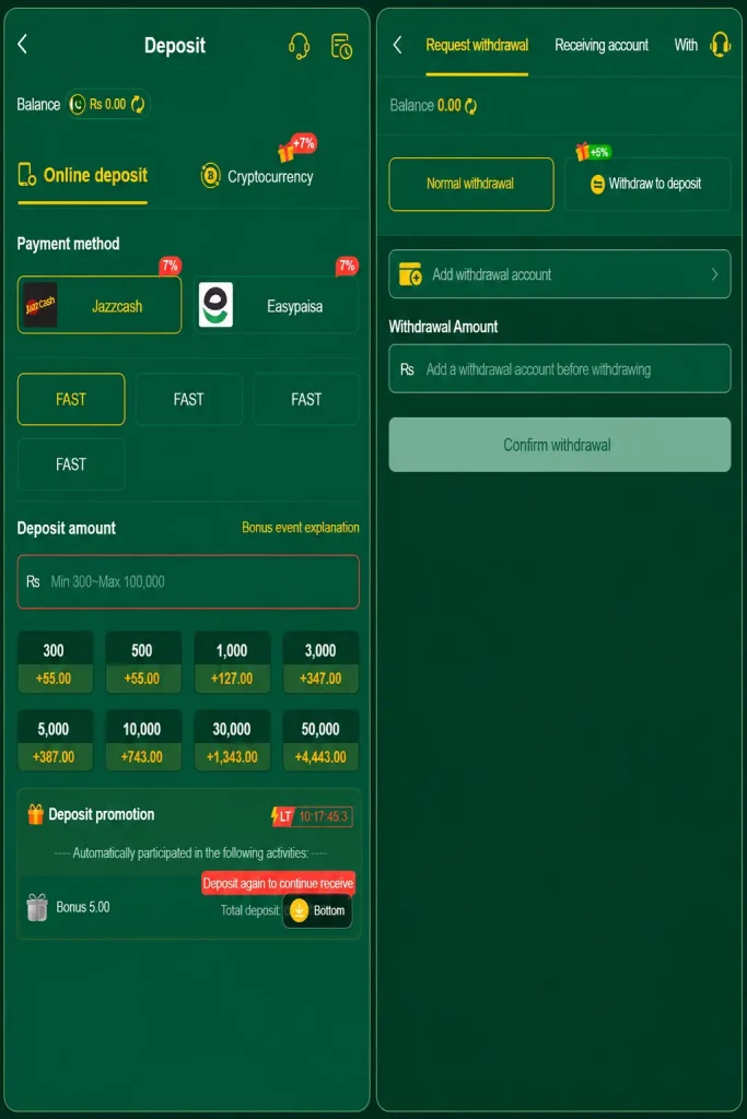 HZ333 deposit page with JazzCash, Easypaisa, payment options, and bonuses