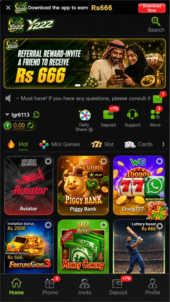 Y222 Game mobile app home screen with games and promotions