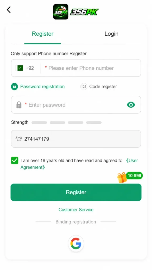 356PK Game registration and signup page