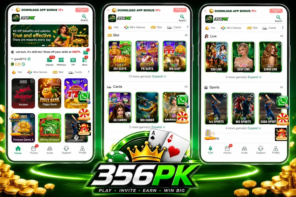 356PK Game app interface with slots cards live games and sports