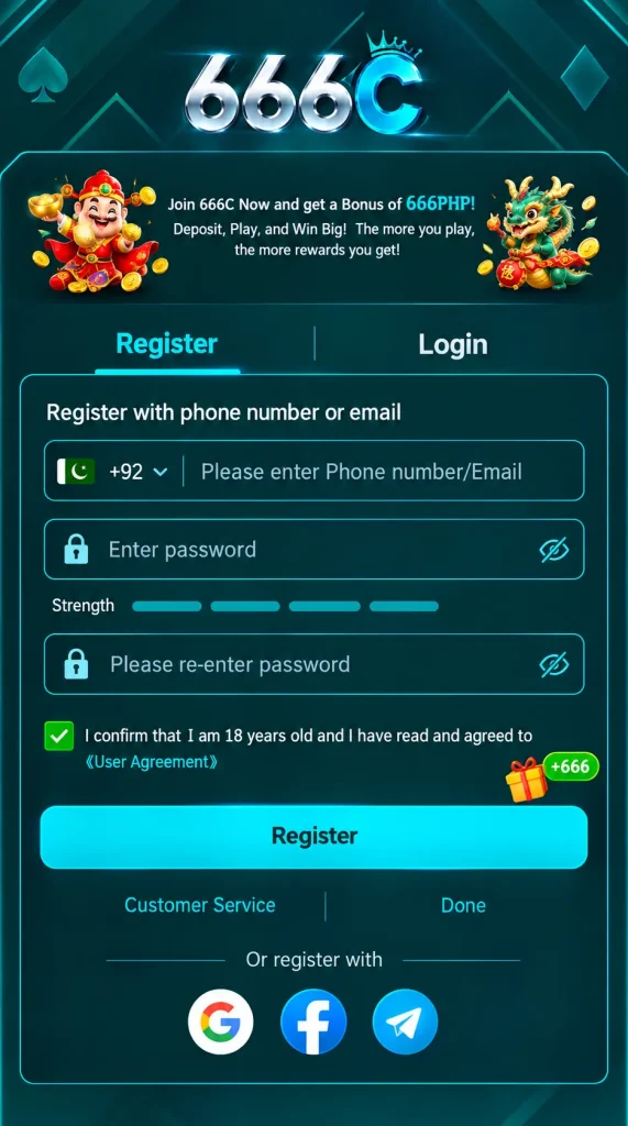 666C Game registration screen with phone, password, bonus, and social login options