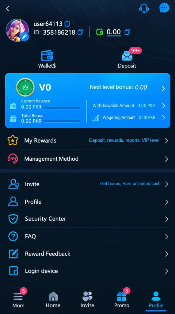 R988 Games profile page showing user account balance, VIP level, rewards, security center and profile settings
