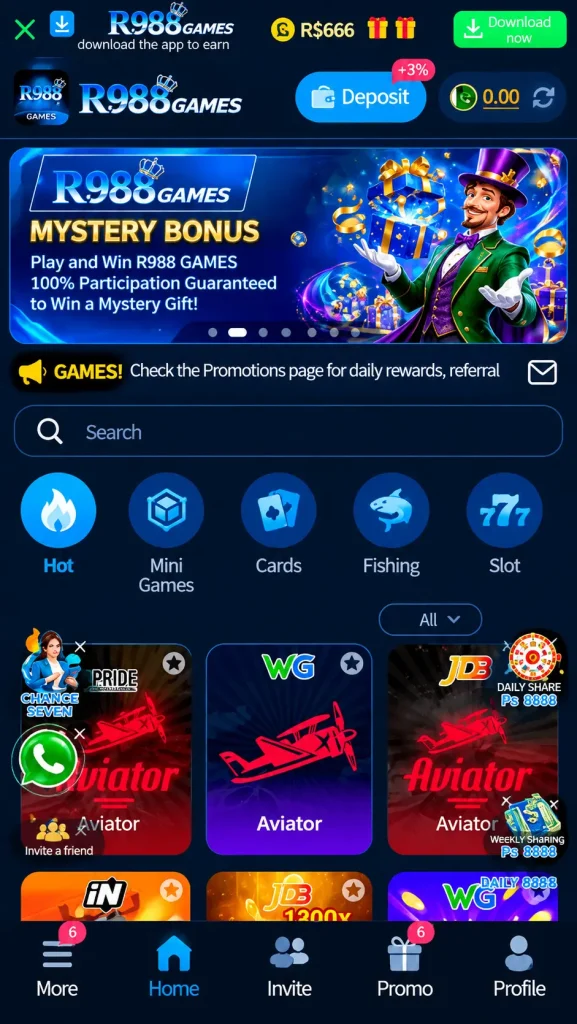 988R Game online gaming platform interface for Pakistani users