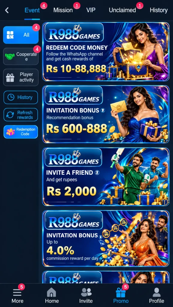 R988 Games promotion page featuring redeem codes, invitation bonuses, referral rewards and daily commission offers