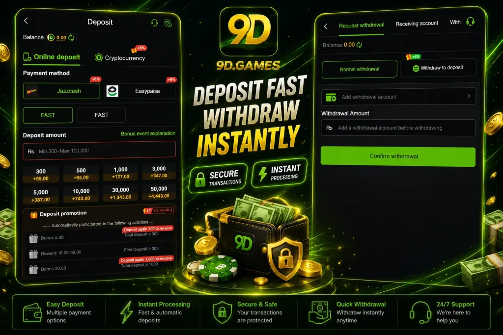 9D Games withdrawal screen for adding account and requesting withdrawal