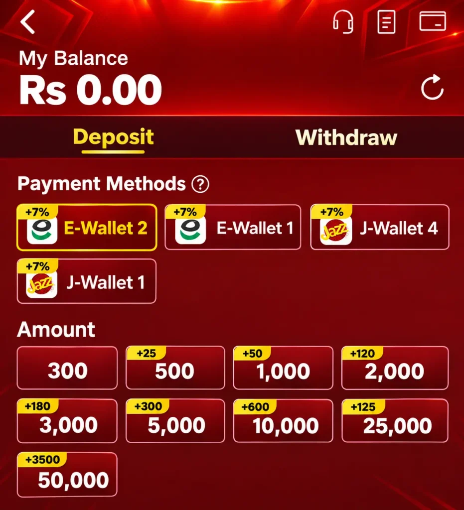 Deposit and payment methods screen showing E-Wallet, J-Wallet, and multiple deposit amounts