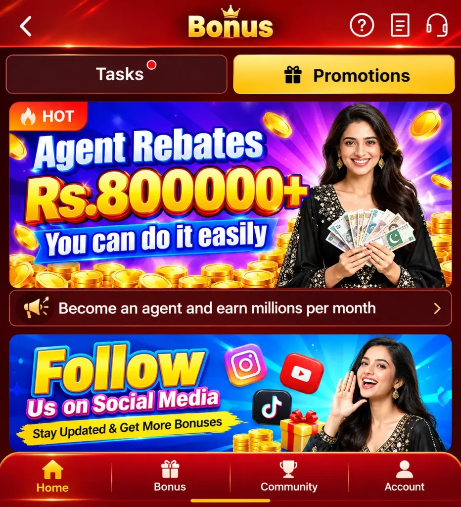 Mobile game bonus promotions screen showing agent rebates and social media bonus offers