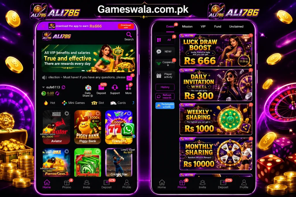 Ali786 Game home screen and promotional rewards dashboard