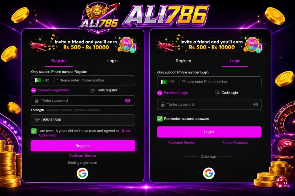 Ali786 Game deposit screen with JazzCash and Easypaisa payment options
