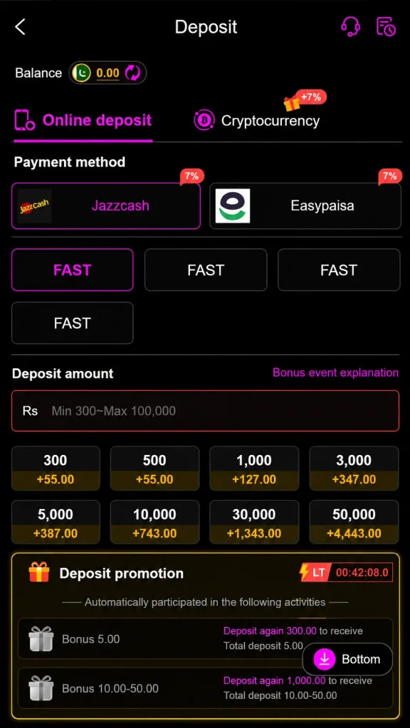 Ali786 Game deposit screen with JazzCash and Easypaisa payment options