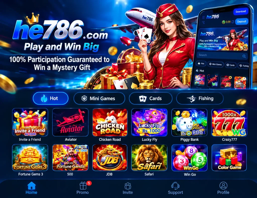 HE786 Game interface showing casino games and gaming categories