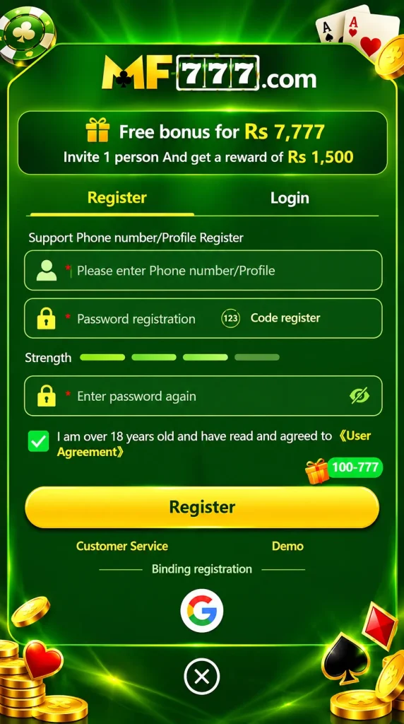 MF777 Game registration page with signup form