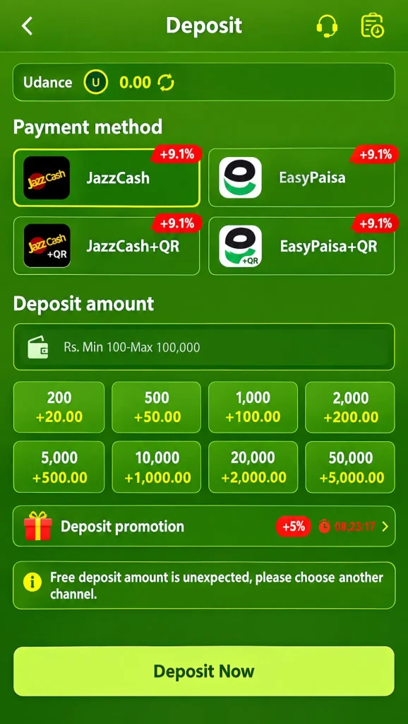 High-resolution deposit screen showing JazzCash, EasyPaisa, deposit amounts, bonuses, and Deposit Now button.