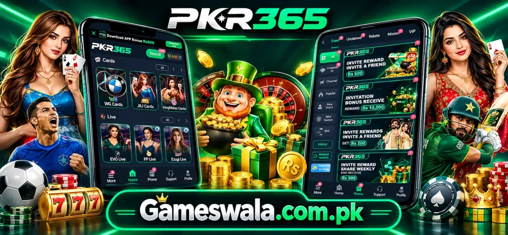 PKR365 Game app interface and rewards promotions displayed on smartphones with Gameswala.com.pk branding