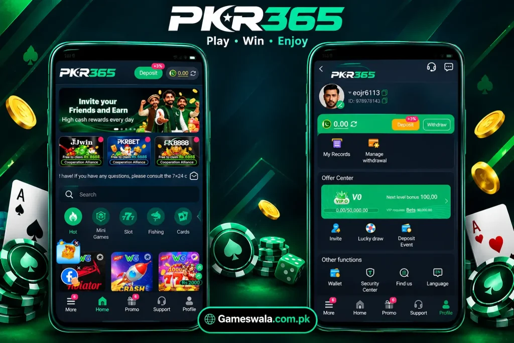 PKR365 Game profile screen with wallet and VIP rewards