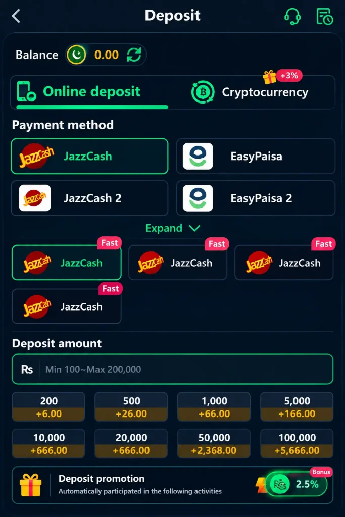 PKR365 Game deposit screen with JazzCash and EasyPaisa