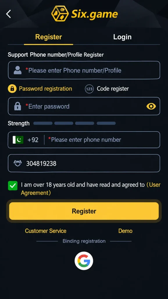 Six.game registration screen with phone and password fields.