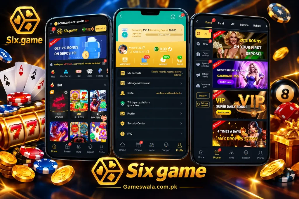 Six.game home interface showing casino games and gaming categories