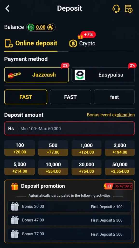 Deposit screen with JazzCash, Easypaisa, crypto, and bonus options.