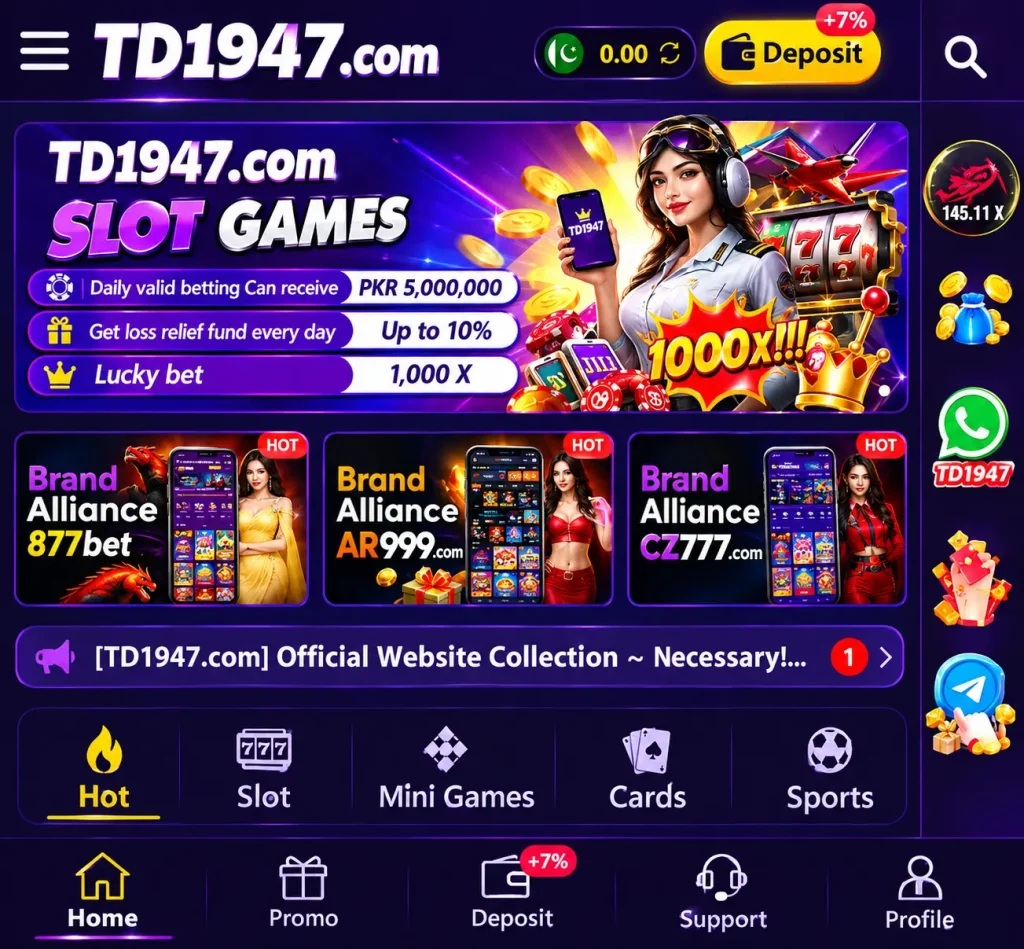 TD1947 Game app home screen with slot games and Gameswala.com.pk