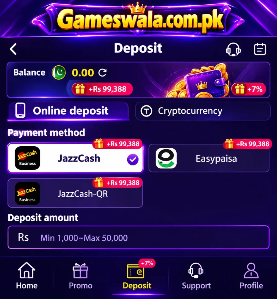 TD1947 Game deposit page with JazzCash and Easypaisa