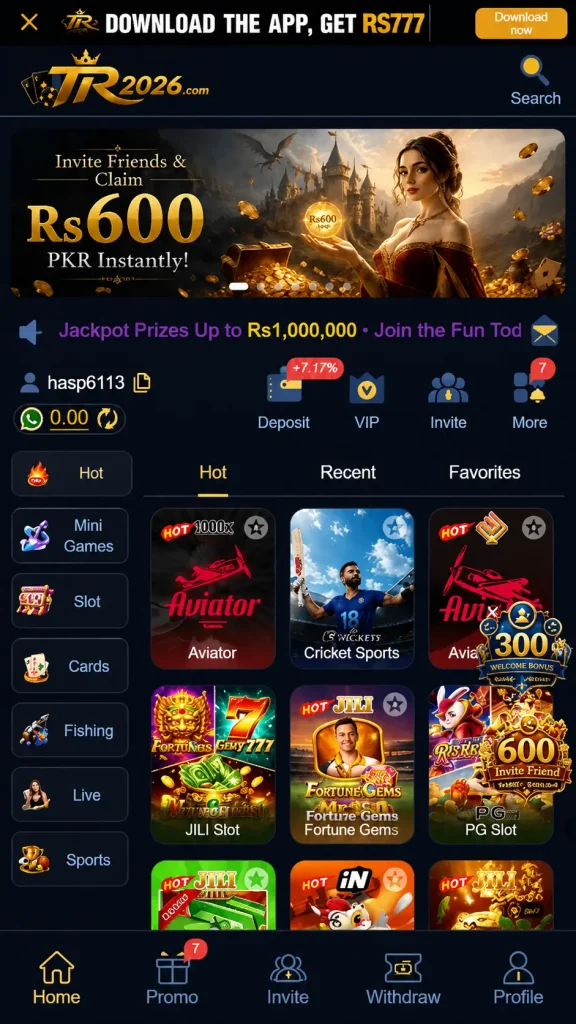 TR2026 Game mobile app home screen with games, deposit, VIP, invite, and withdrawal options