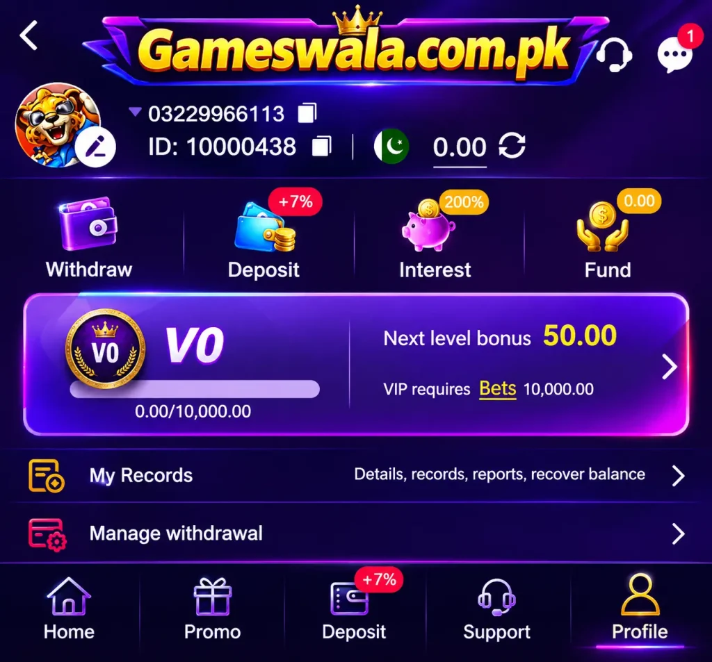 TD1947 Game profile and VIP account screen