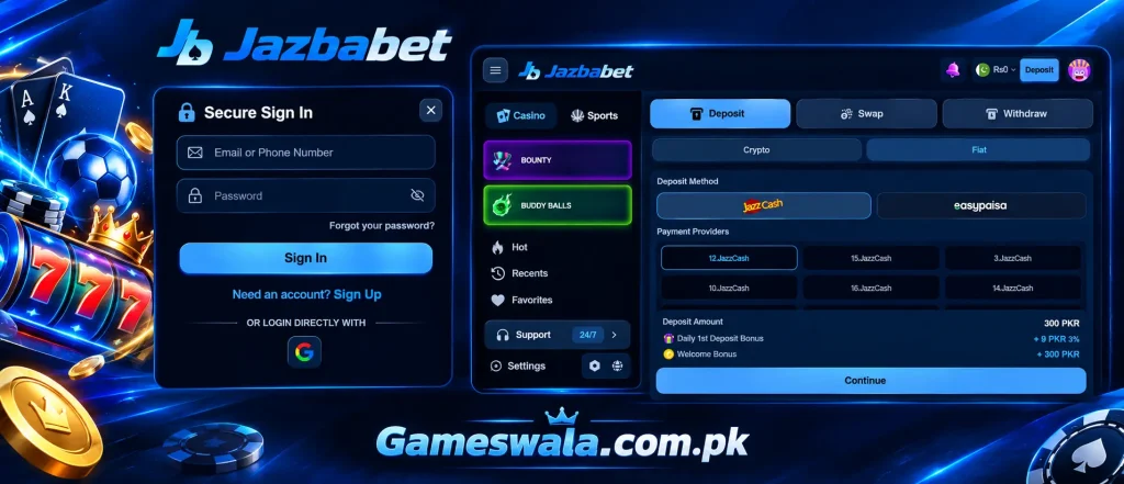 Jazbabet login and deposit interface featuring casino games, JazzCash and Easypaisa payment options on Gameswala.com.pk.