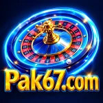 Pak67.com casino gaming feature image with blue roulette wheel