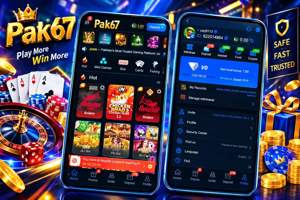 Pak67 game app home and profile screens