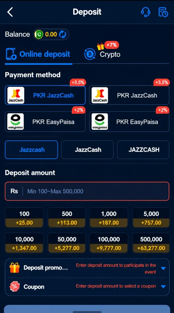 Pak67 deposit page with JazzCash and Easypaisa payment options