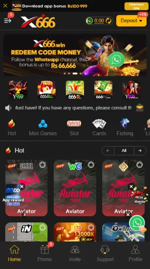 X666 Game home page with games categories and Aviator games