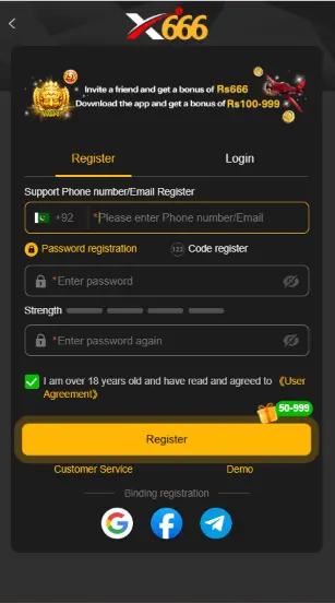 X666 Game registration page for creating a new gaming account